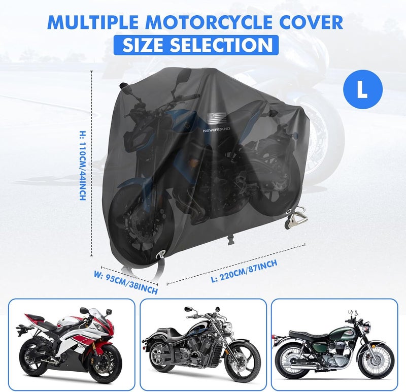 NEVERLAND Motorcycle Cover Waterproof Outdoor - Black Heavy Duty Scooter Cover, Motorbike Cover with Refletive Logo, Lock-Hole, Bandage, Storage Bag-Protect Against Dust, Debris, Rain and Weather(L) - Image 3